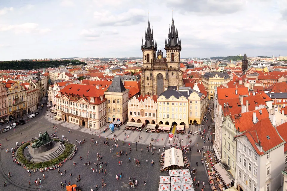 Old Town Square with the Týn Church on a sunny day
